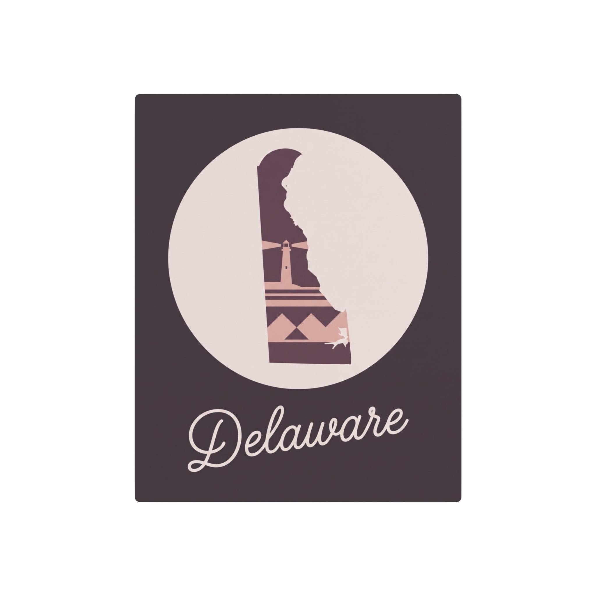 Square mauve metal wall art with circular Delaware landmark icon and script Delaware
