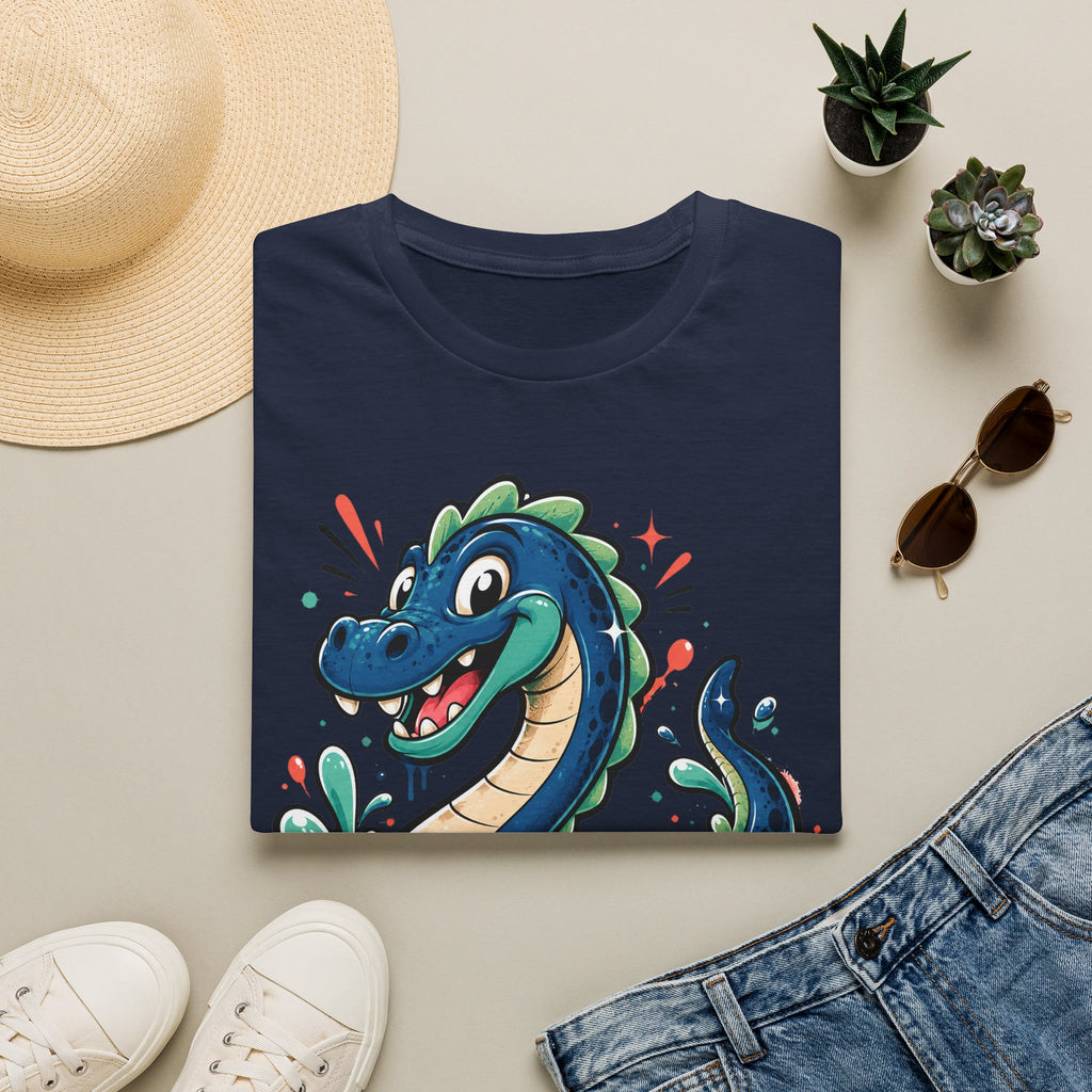 Navy sea serpent graphic T-shirt with smiling cartoon lake monster on front