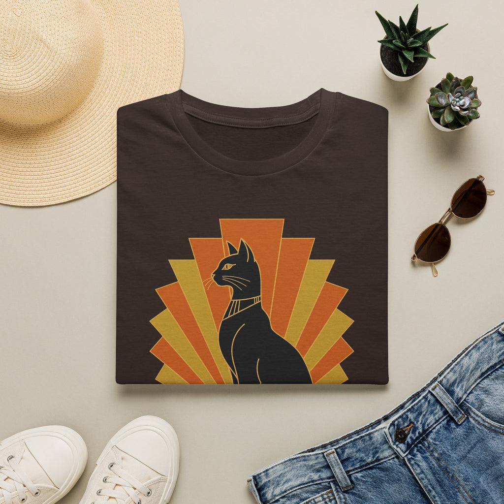 Dark brown T-shirt with black Egyptian cat wearing headdress, orange sunburst graphic.