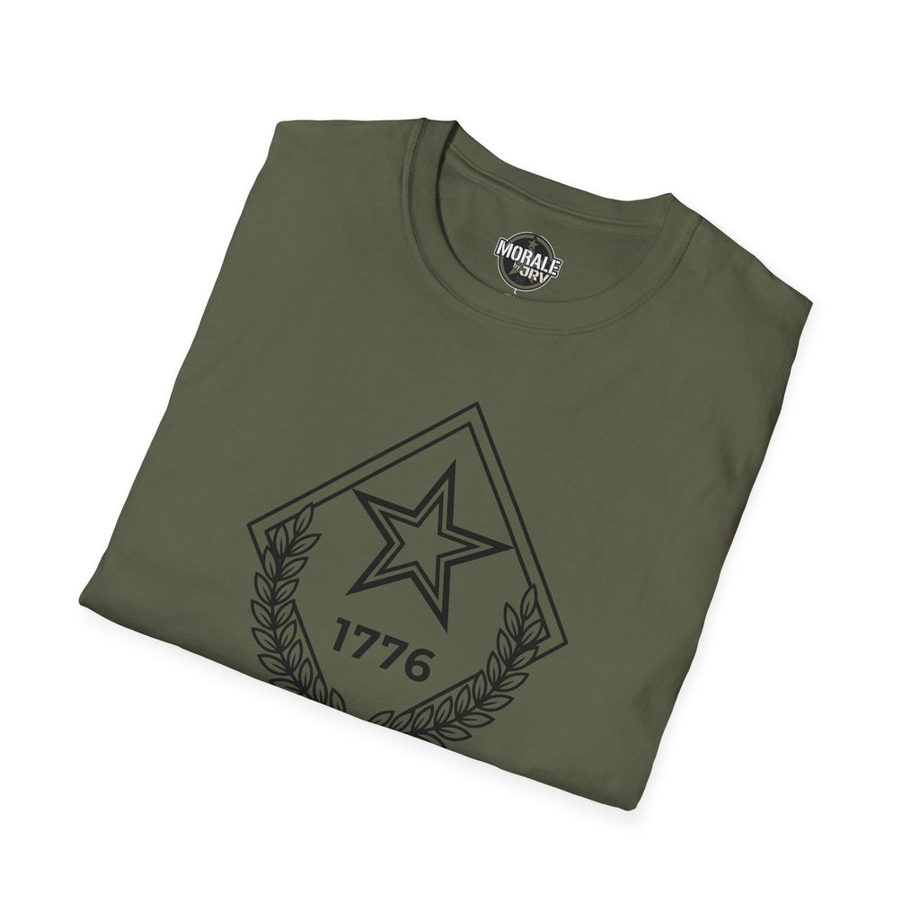 Military green t-shirt with star and laurel emblem, “1776” graphic on chest