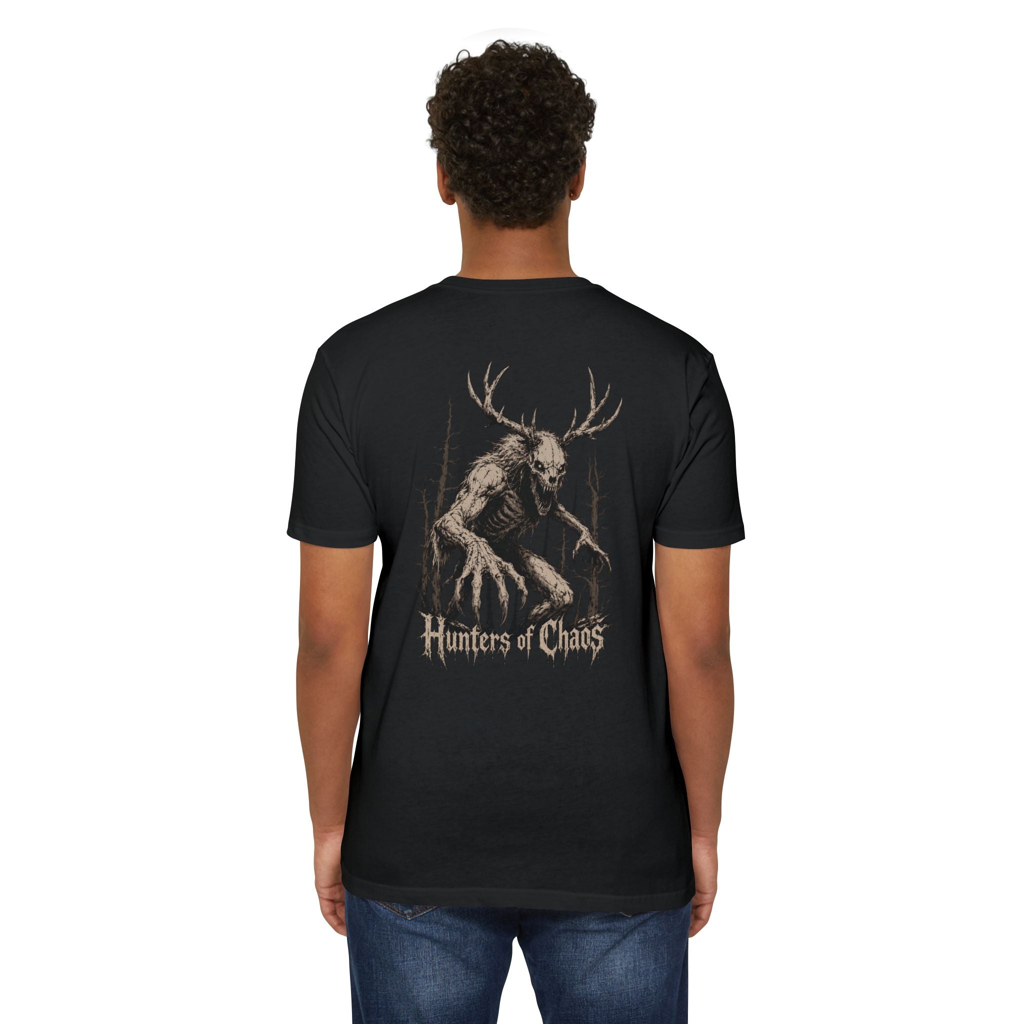 Black T-shirt with large back 'Hunters of Chaos' deer antler skull print