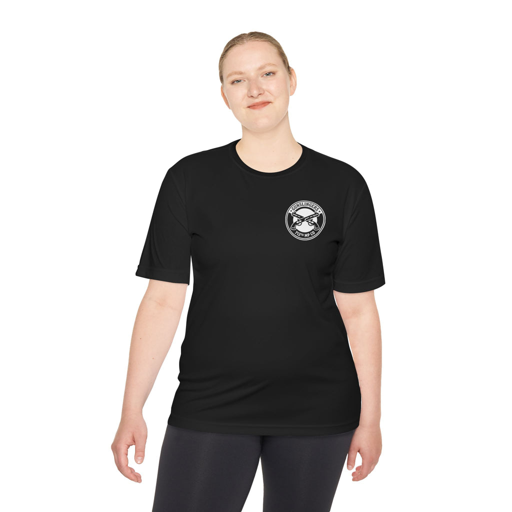 Black tactical T-shirt with crew neck and circular chest logo, womens fit