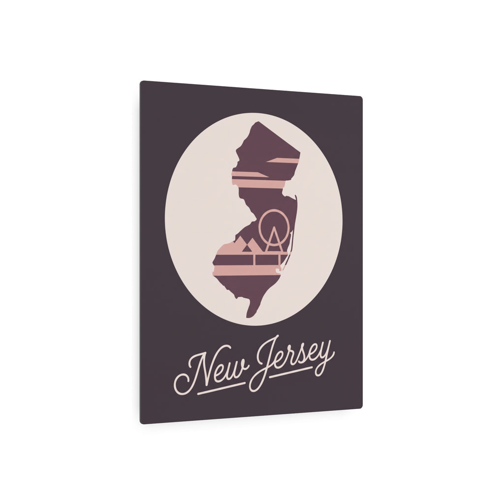 Square metal wall decor with cream circle, mauve New Jersey map, and “New Jersey” text