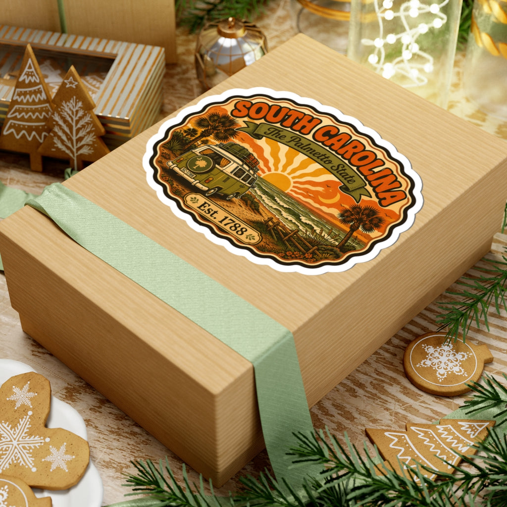 Gift box sticker featuring South Carolina, The Palmetto State, camper, palms, Est. 1788.