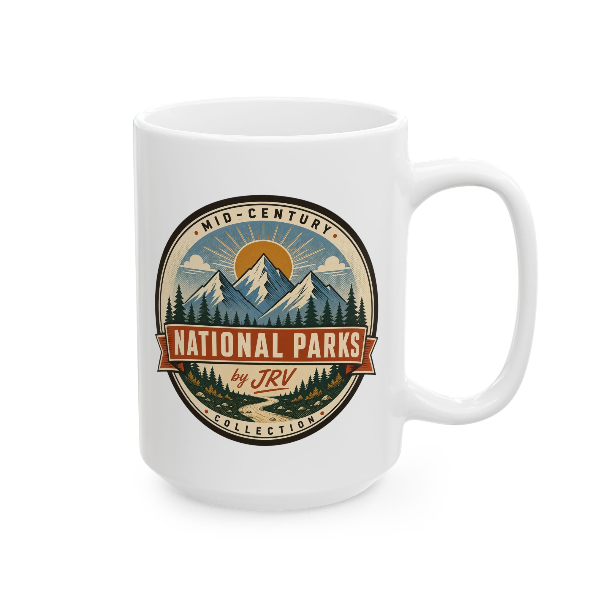 White ceramic mug with National Parks by JRV mid-century logo and white handle.