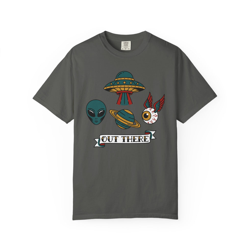 Dark gray T-shirt with alien, UFO, and “OUT THERE” banner graphic at center