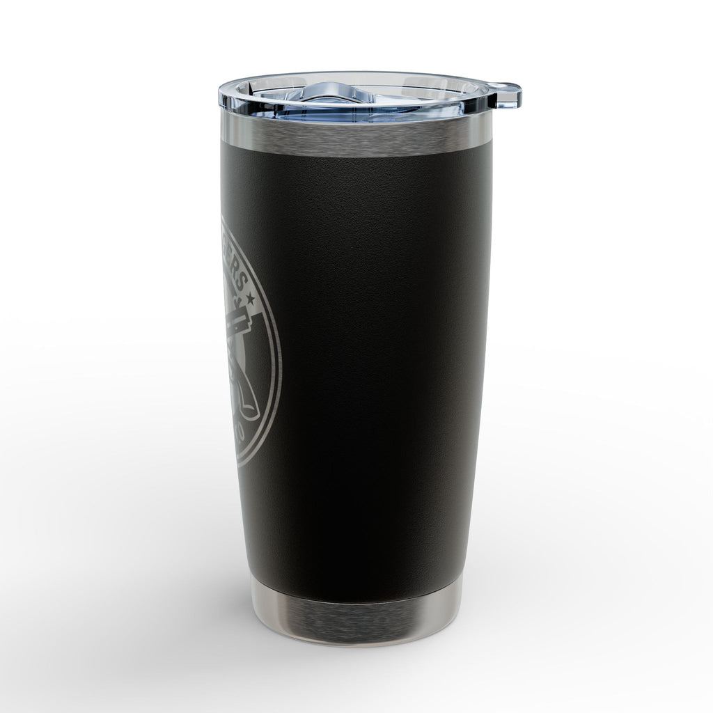 Black stainless insulated travel tumbler with partial side emblem and clear lid