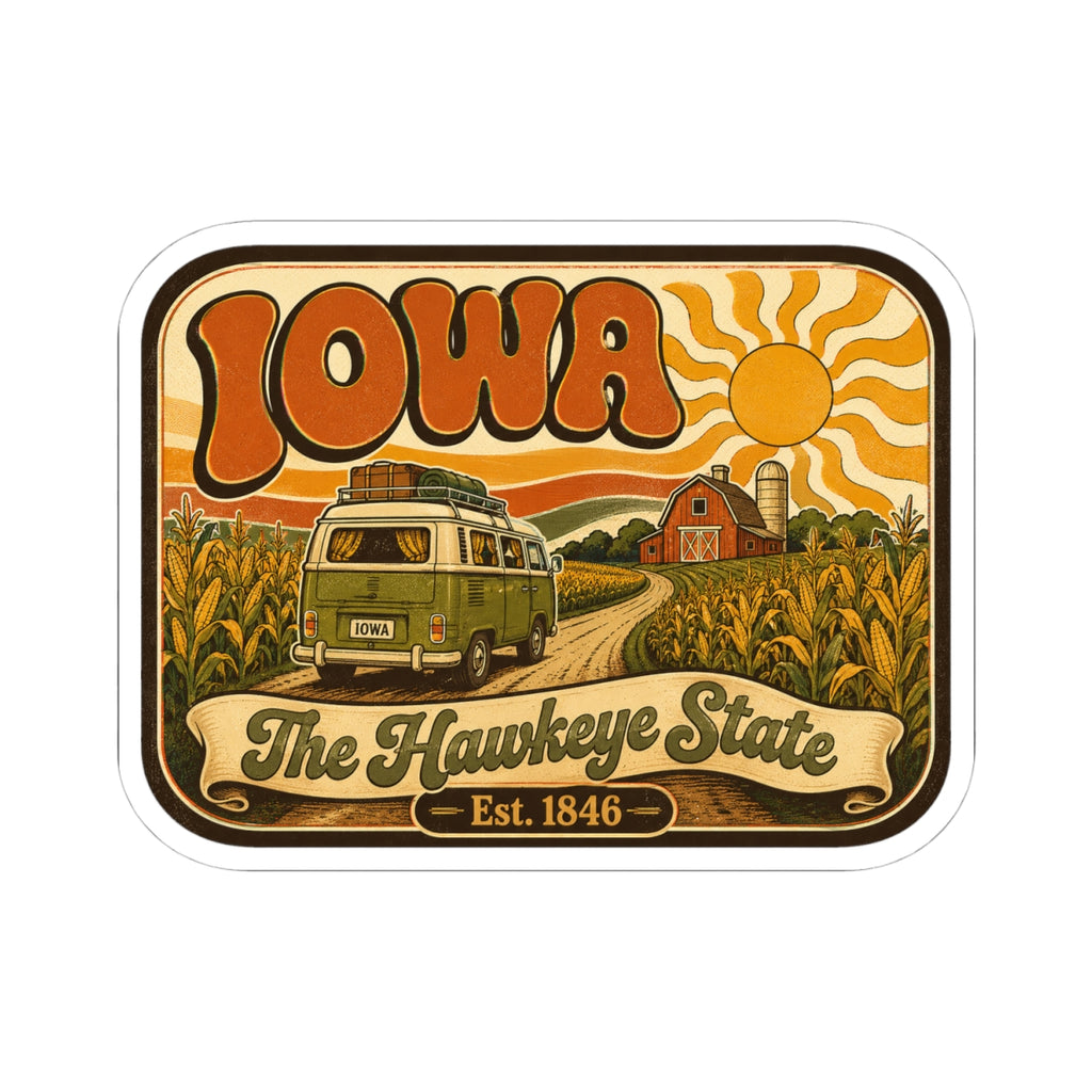Kiss-cut Iowa retro camper sticker with “The Hawkeye State” banner and sun rays, white border