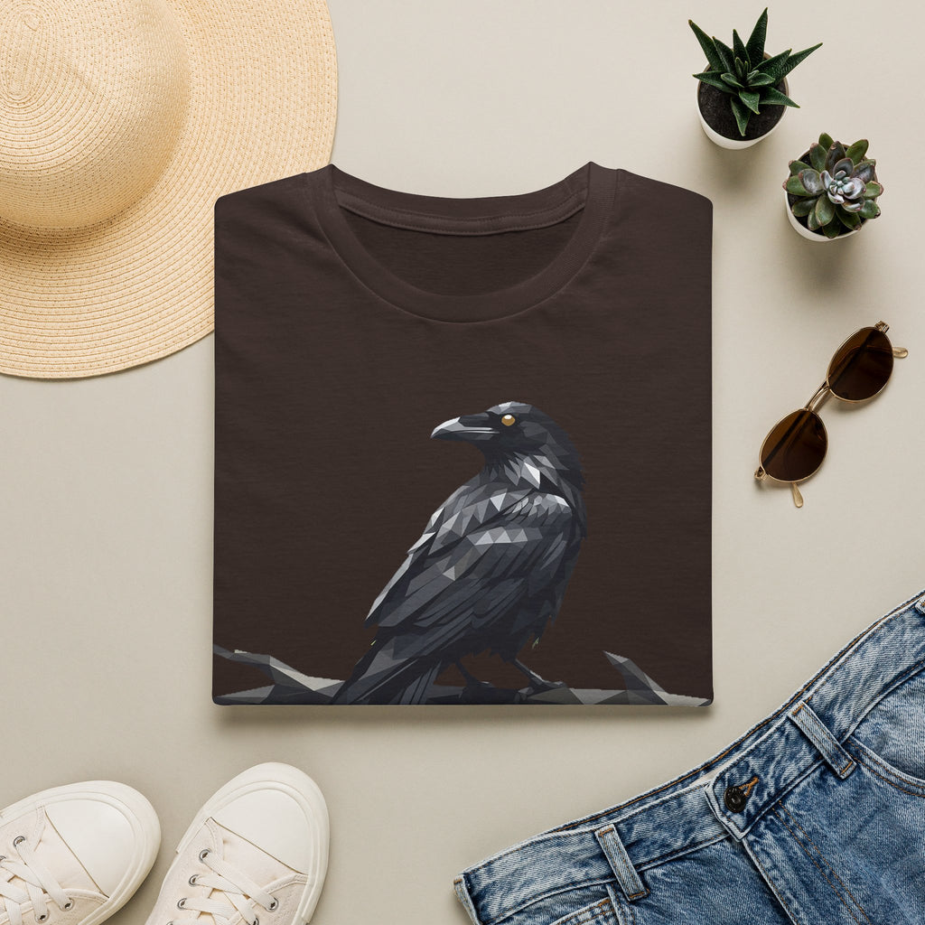 Dark brown raven t-shirt with a sitting crow graphic in gray tones
