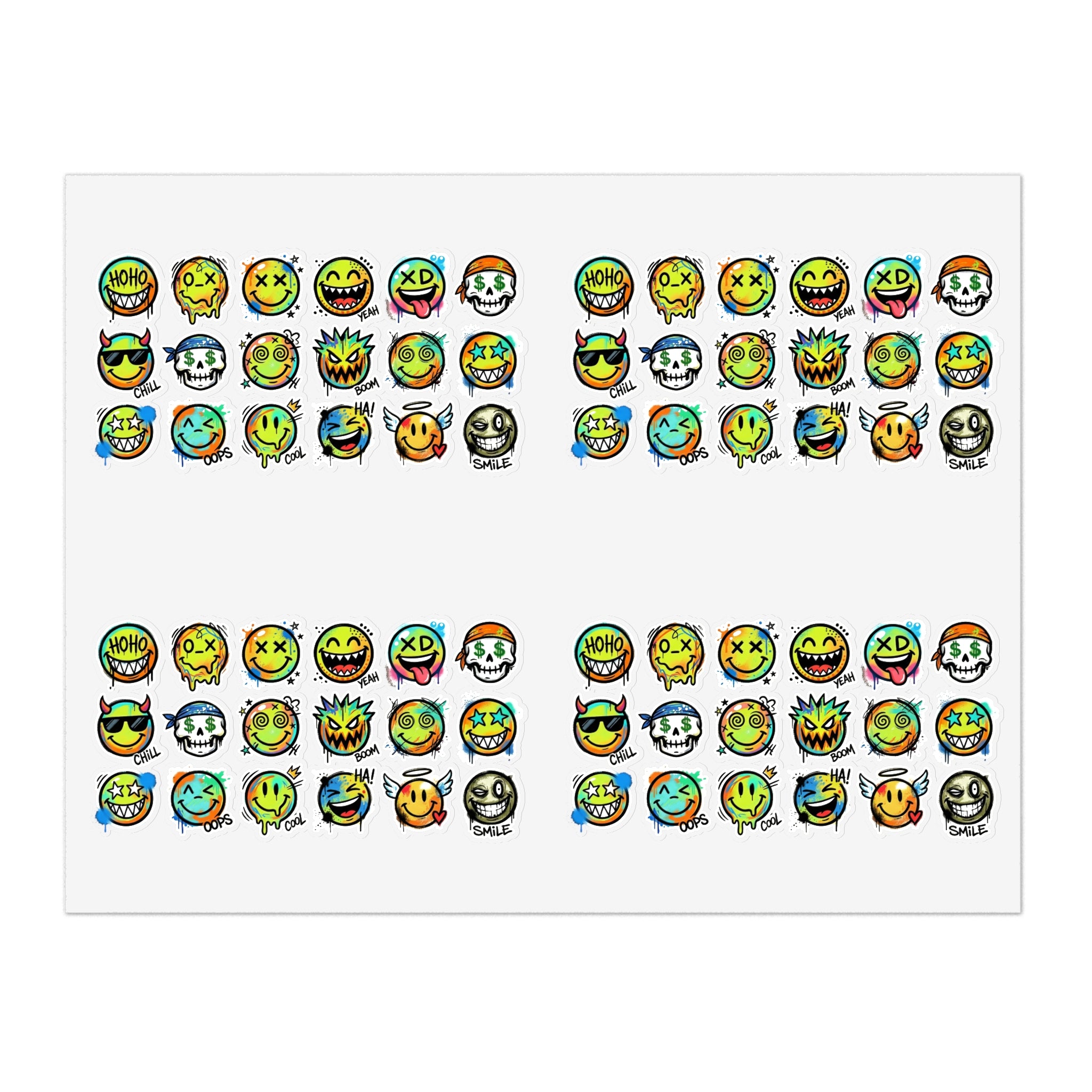Emoji face icons sticker sheet with small die-cut faces arranged in clusters