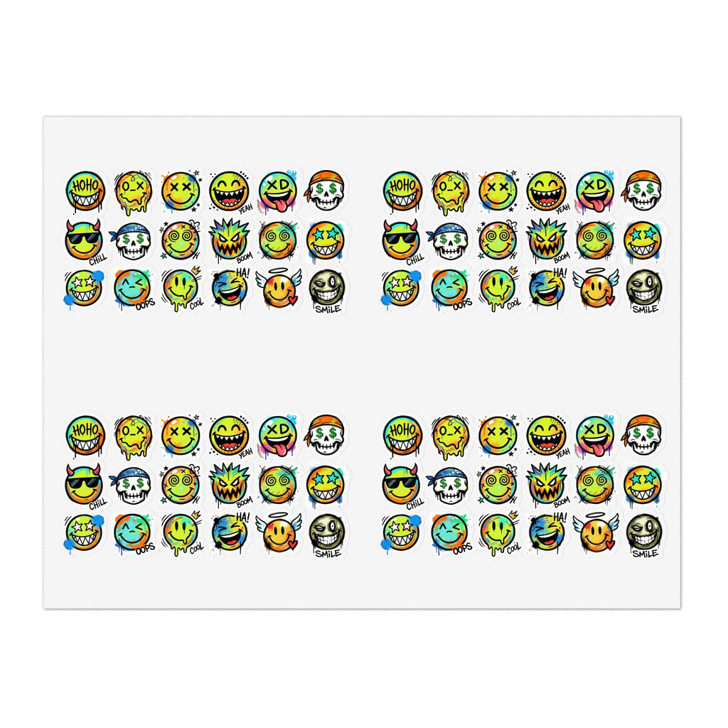 Emoji-Gesichts-Stickerbogen mit Die-Cut Motiven, kompakte Anordnung vieler Ausdrücke