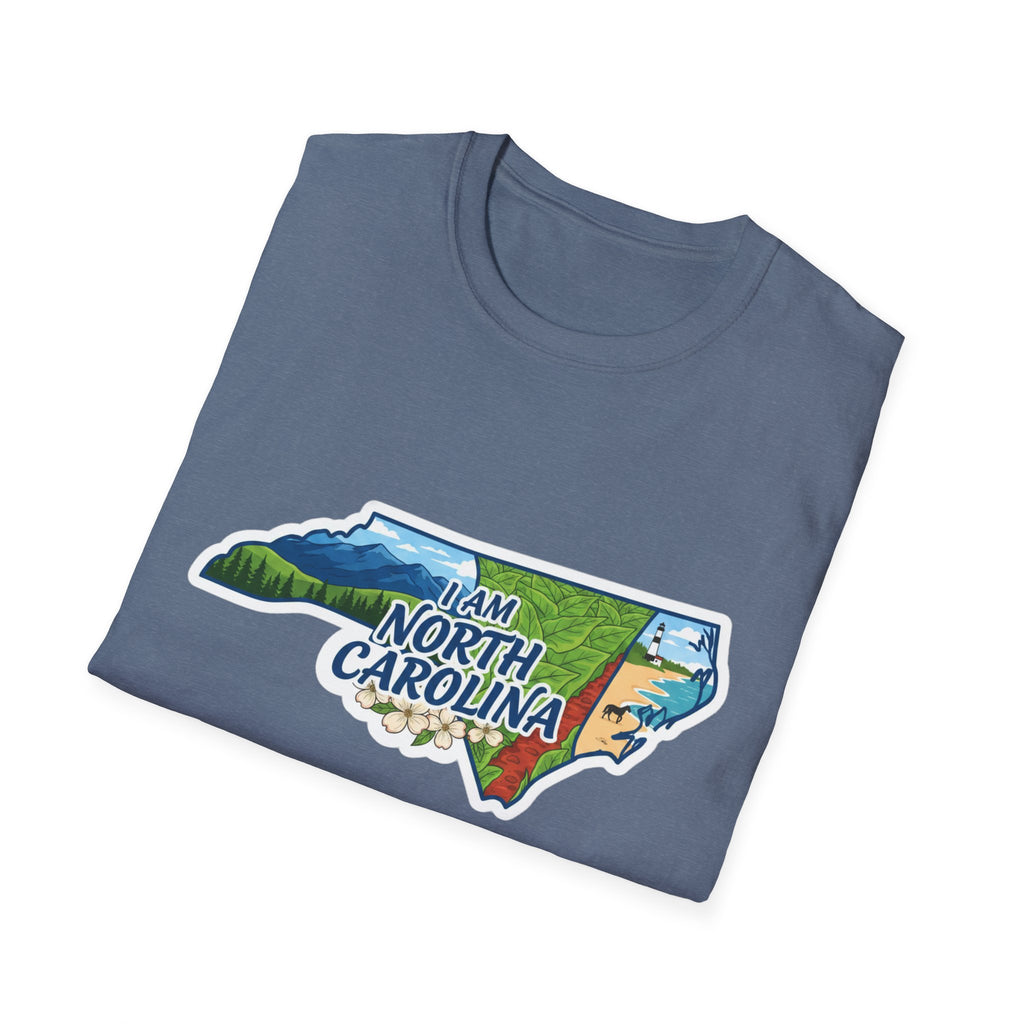 Heather Indigo T-shirt with “I am North Carolina” map outline and floral details