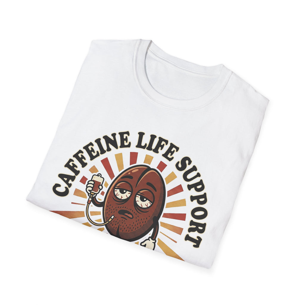 White T-shirt folded with cartoon coffee bean “CRITICAL CONDITION” graphic