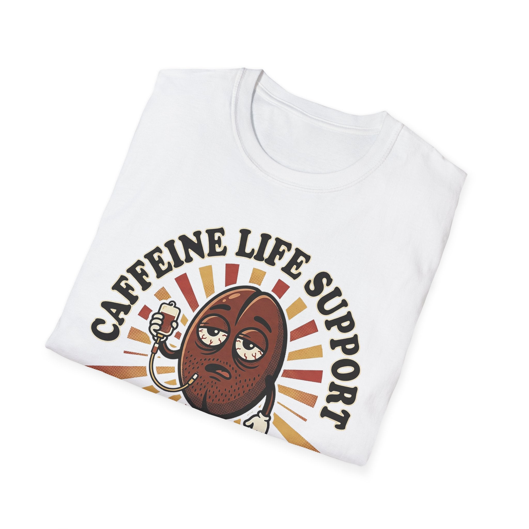 White T-shirt with coffee bean cartoon and “CRITICAL CONDITION” front graphic