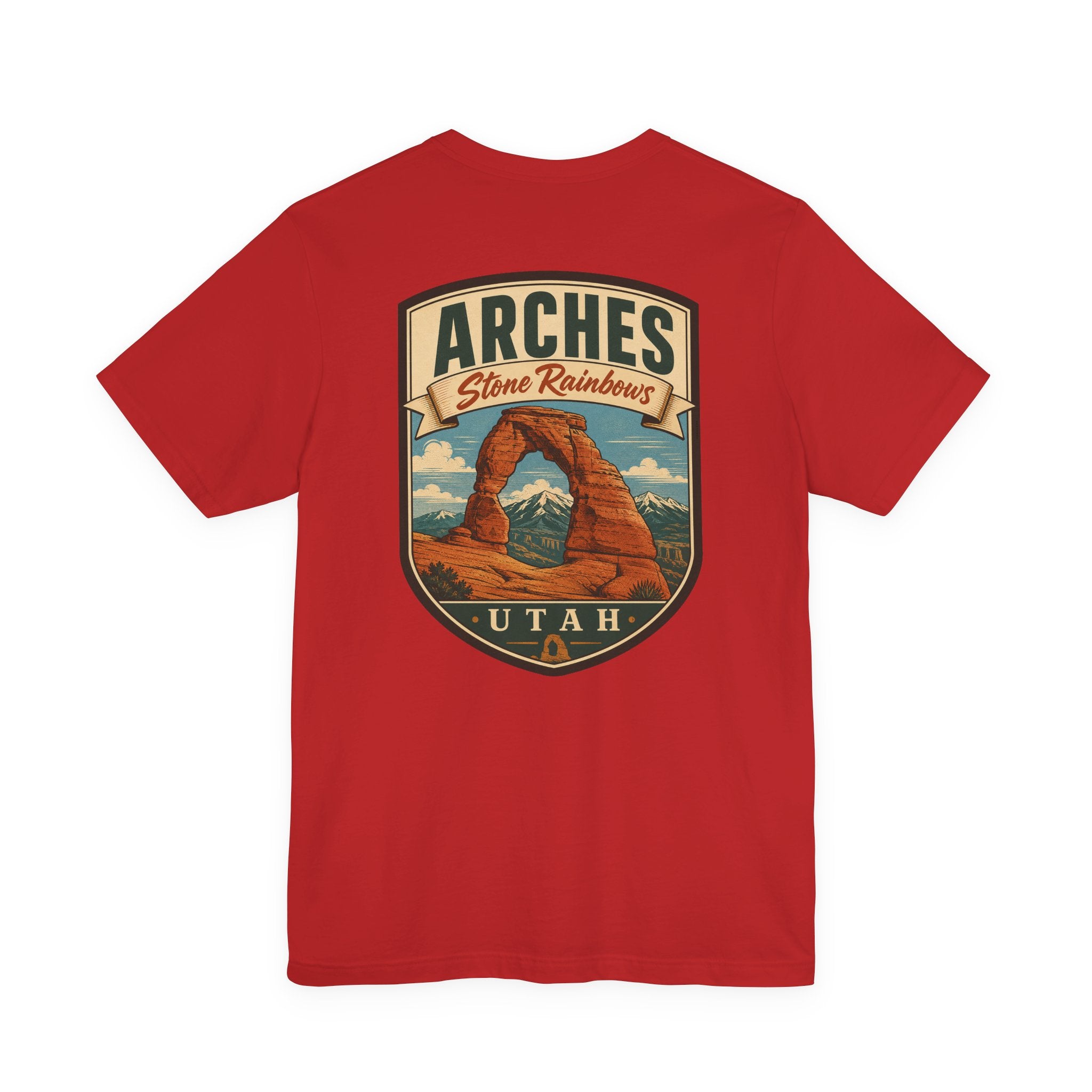 Red crew-neck T-shirt with Arches Stone Rainbows graphic shield on front