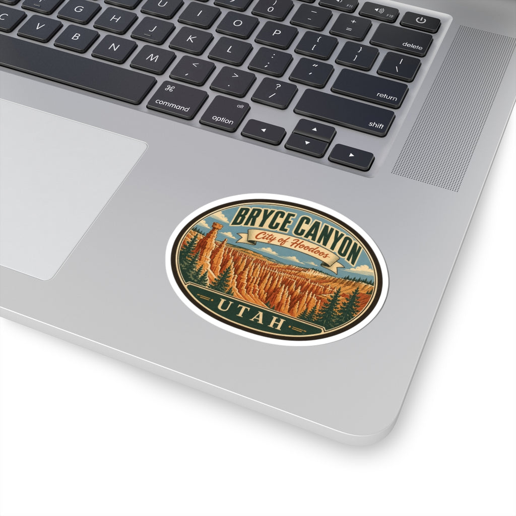 Small round Bryce Canyon sticker with orange hoodoos, 'City of Hoodoos' banner, 'UTAH'.