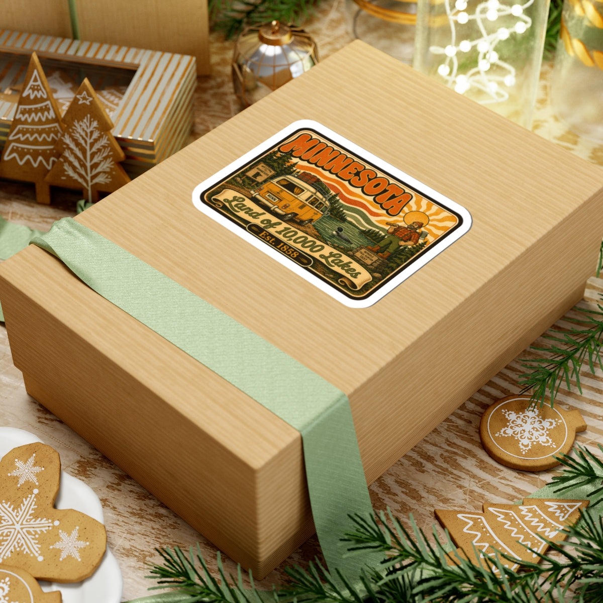 Minnesota Land of 10,000 Lakes kiss-cut sticker on wooden gift with ribbon