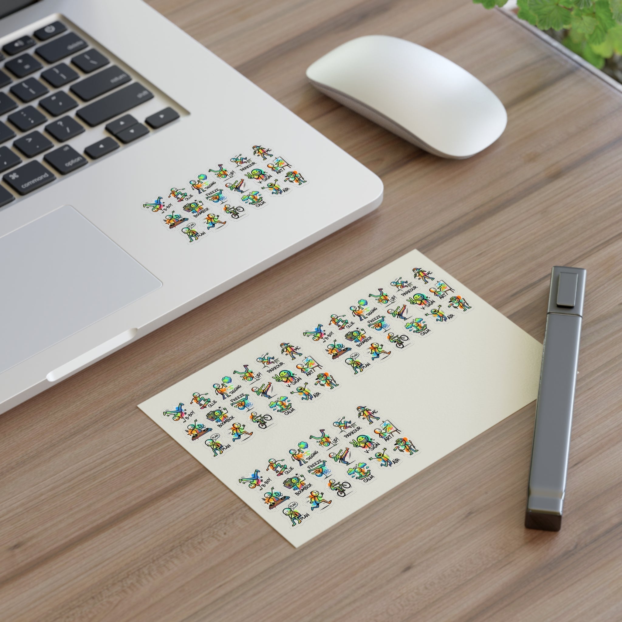 Die-cut mini exercise character stickers on a sheet, colorful athletes and gear icons
