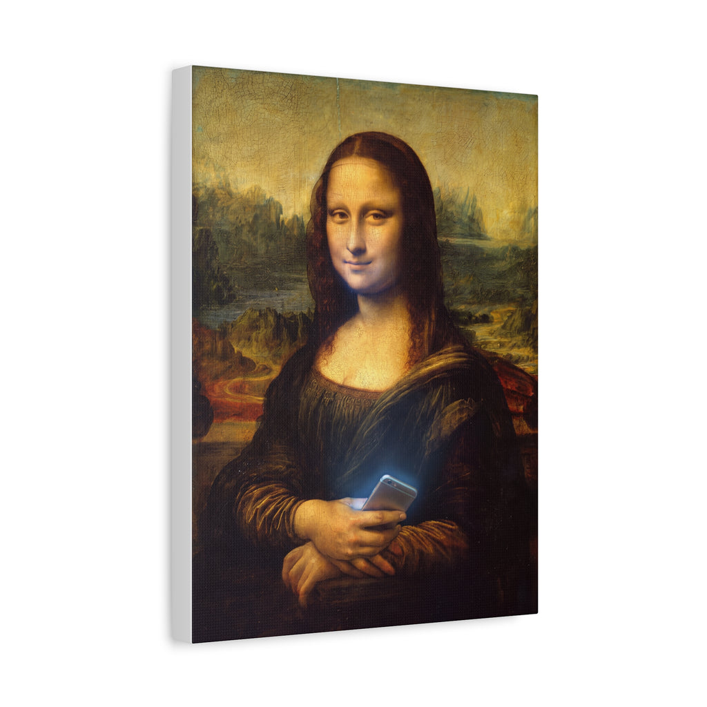 Matte canvas wall art portrait of Mona Lisa holding a glowing smartphone, straight-on