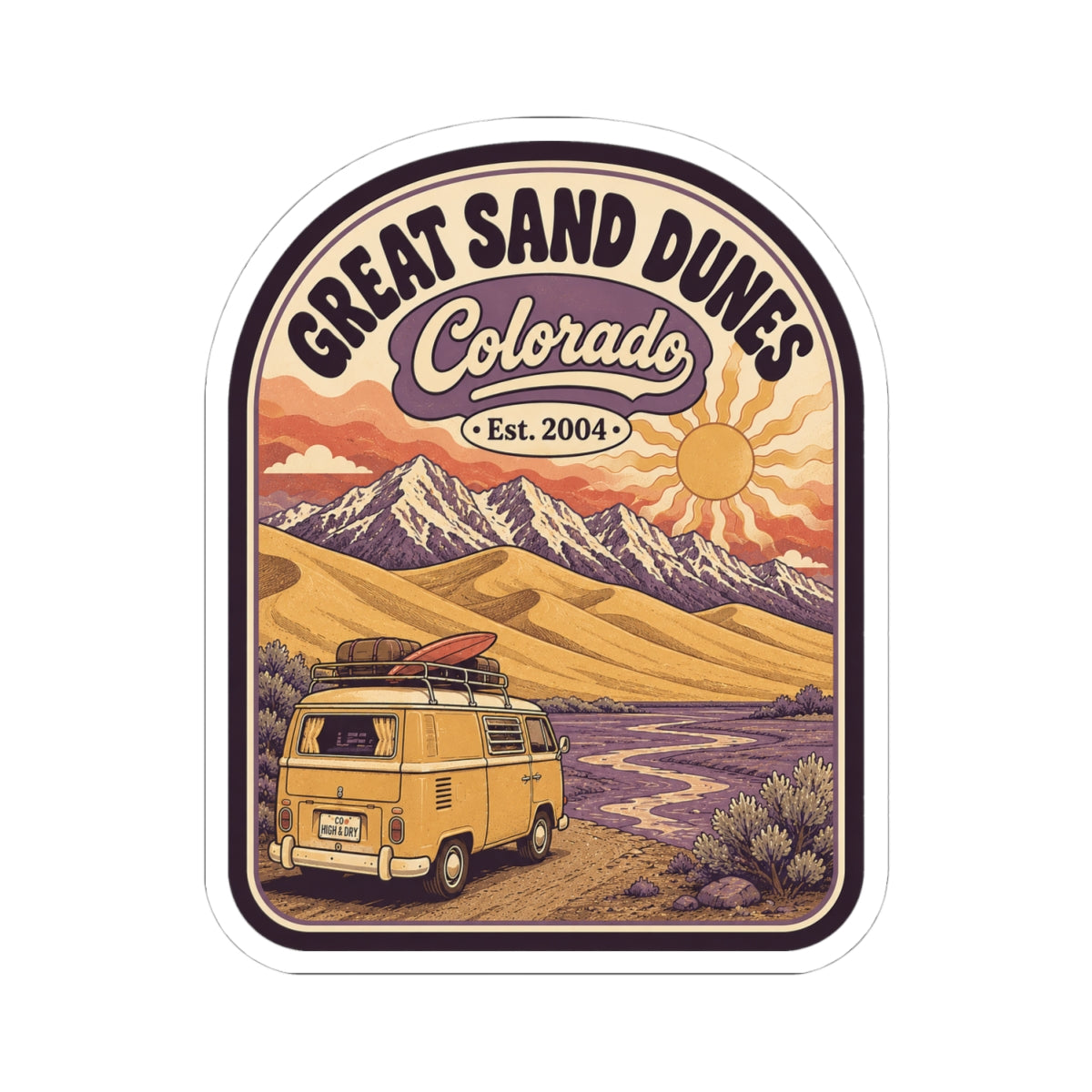 Rounded die-cut Great Sand Dunes Colorado sticker showing vintage camper in desert dunes with sun