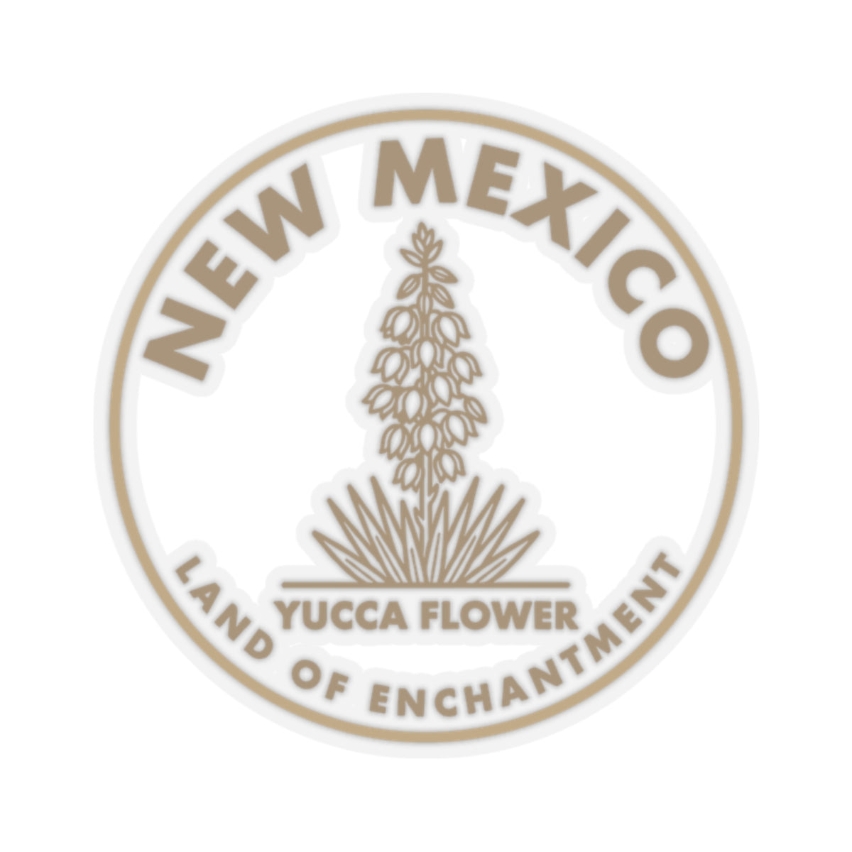 Round yucca flower state sticker with New Mexico text and transparent vinyl look