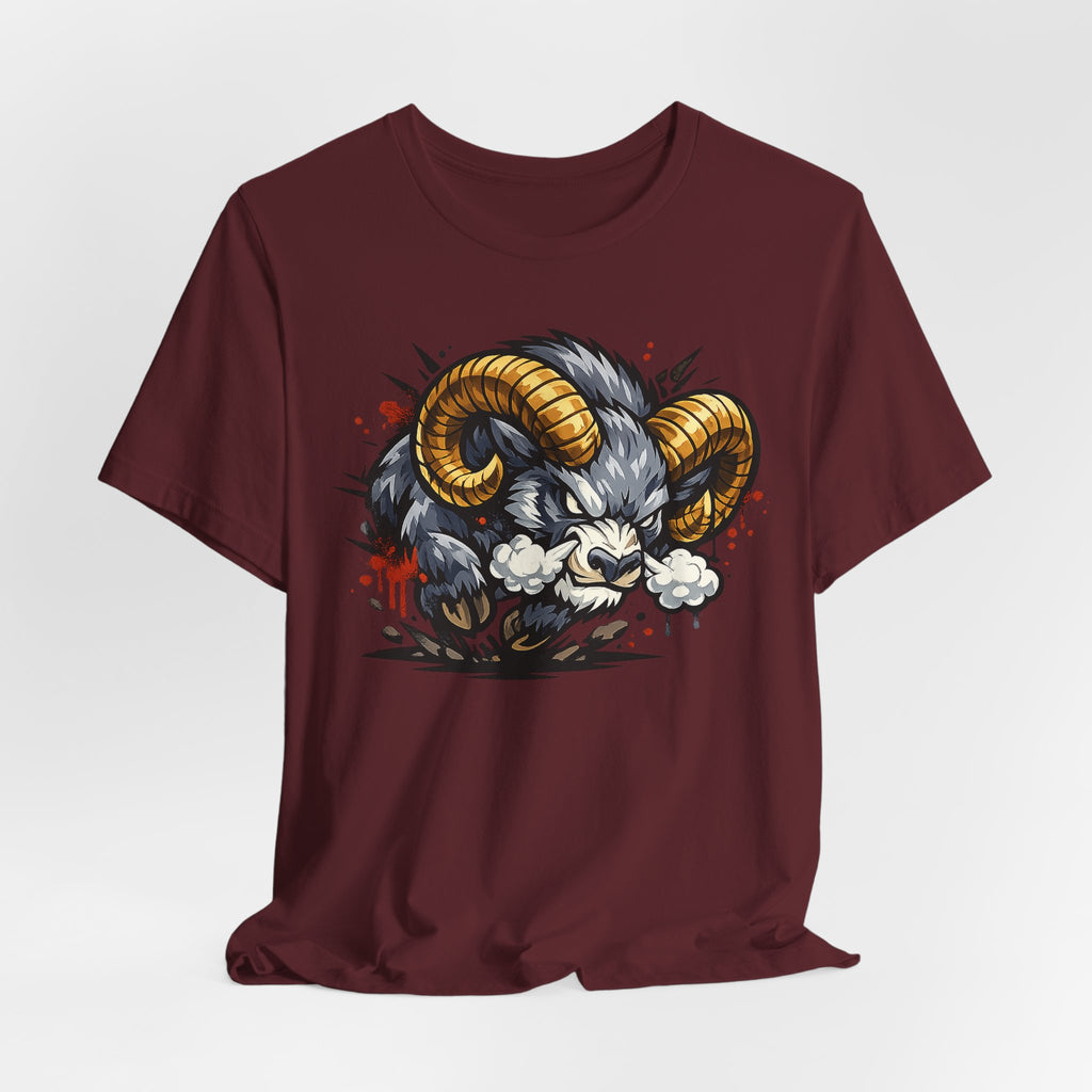 Charging Ram Illustration T-Shirt | Angry Horned Animal Graphic Tee, Wild Bighorn Art Unisex Gift
