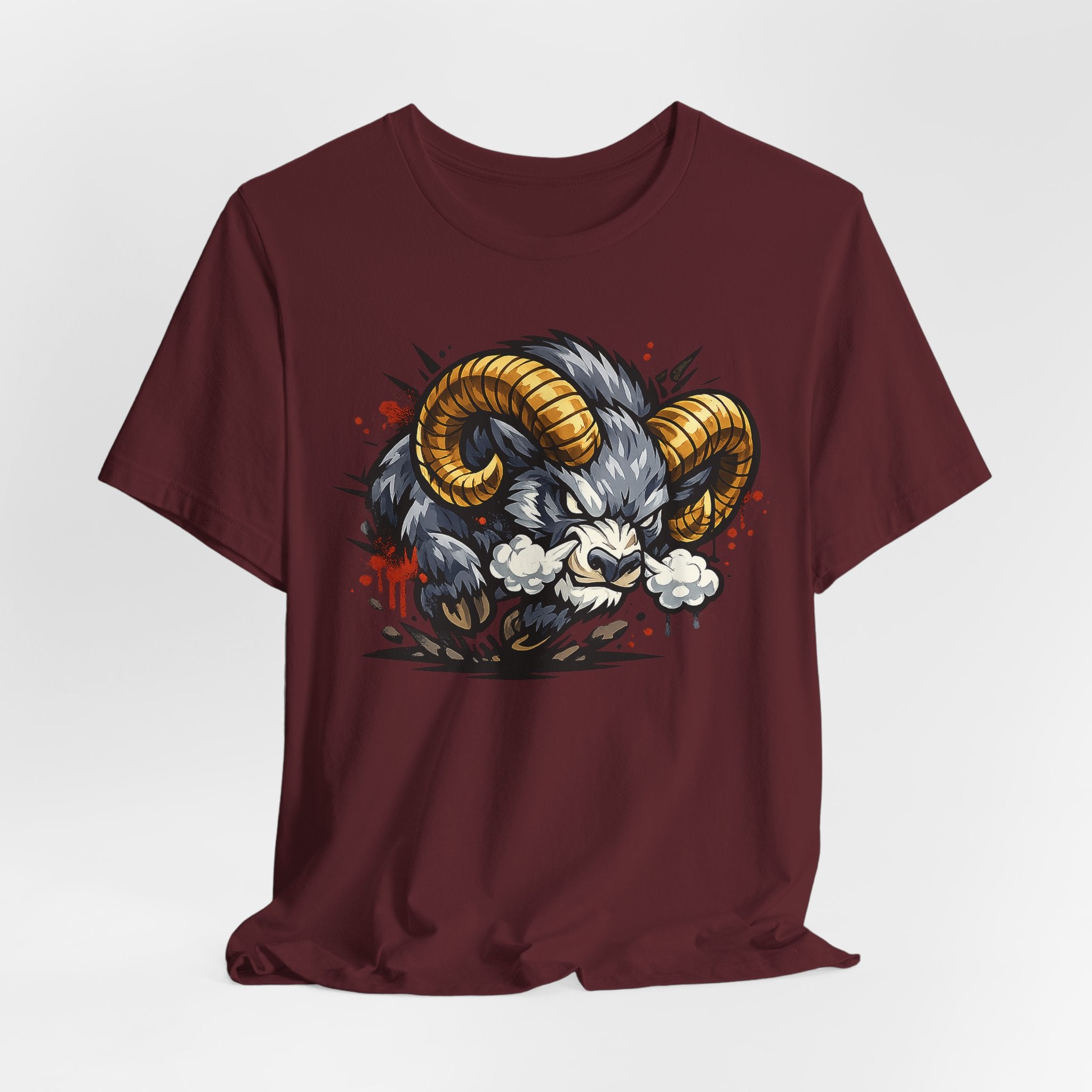 Charging Ram Illustration T-Shirt | Angry Horned Animal Graphic Tee, Wild Bighorn Art Unisex Gift