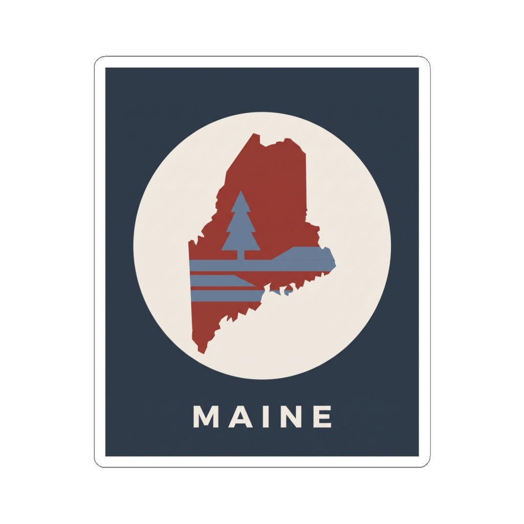 Maine coastal design sticker: red Maine shape in cream circle on navy background