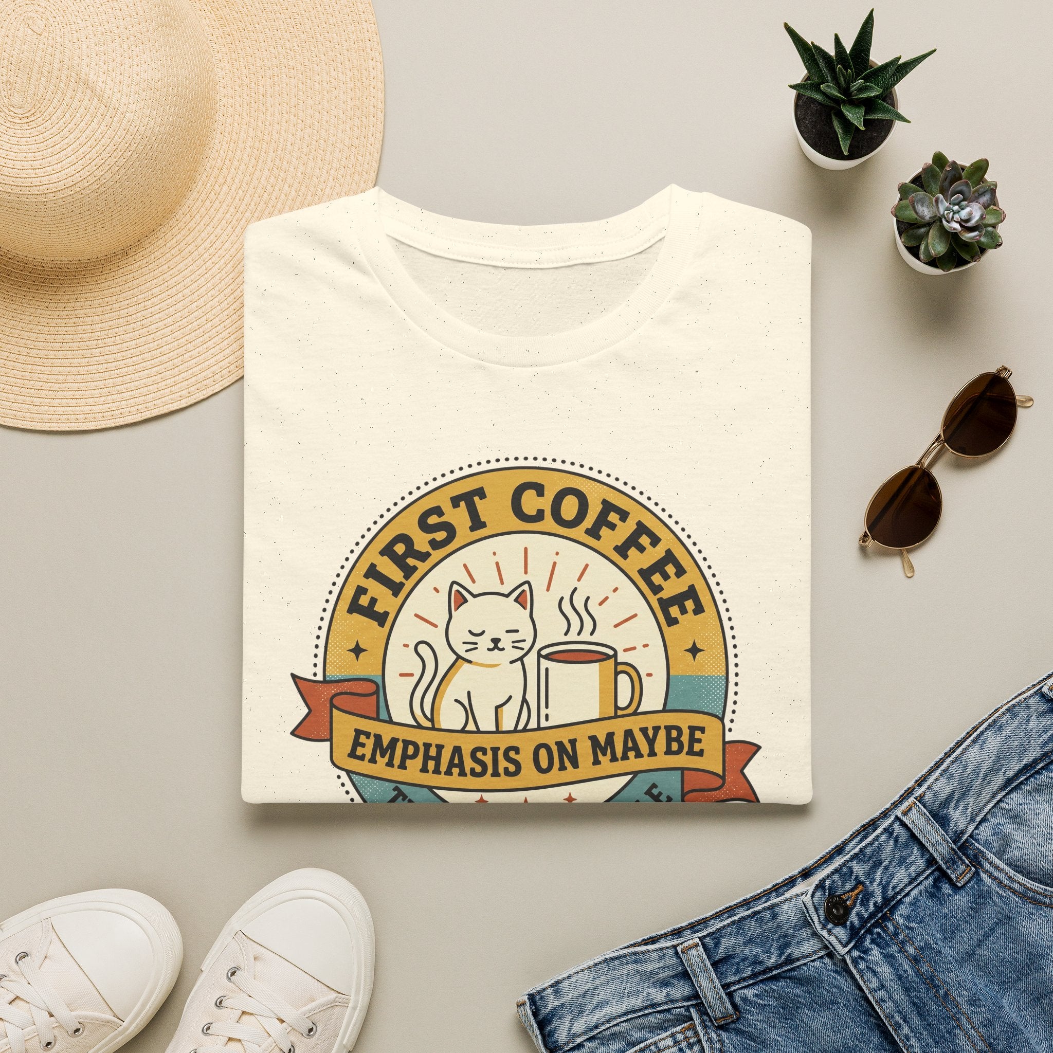 Ivory/white crew-neck T-shirt with cat holding coffee mug graphic and banner text