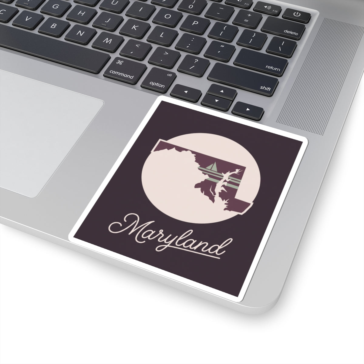 Square Maryland state silhouette vinyl decal with circular emblem and “Maryland” cursive text