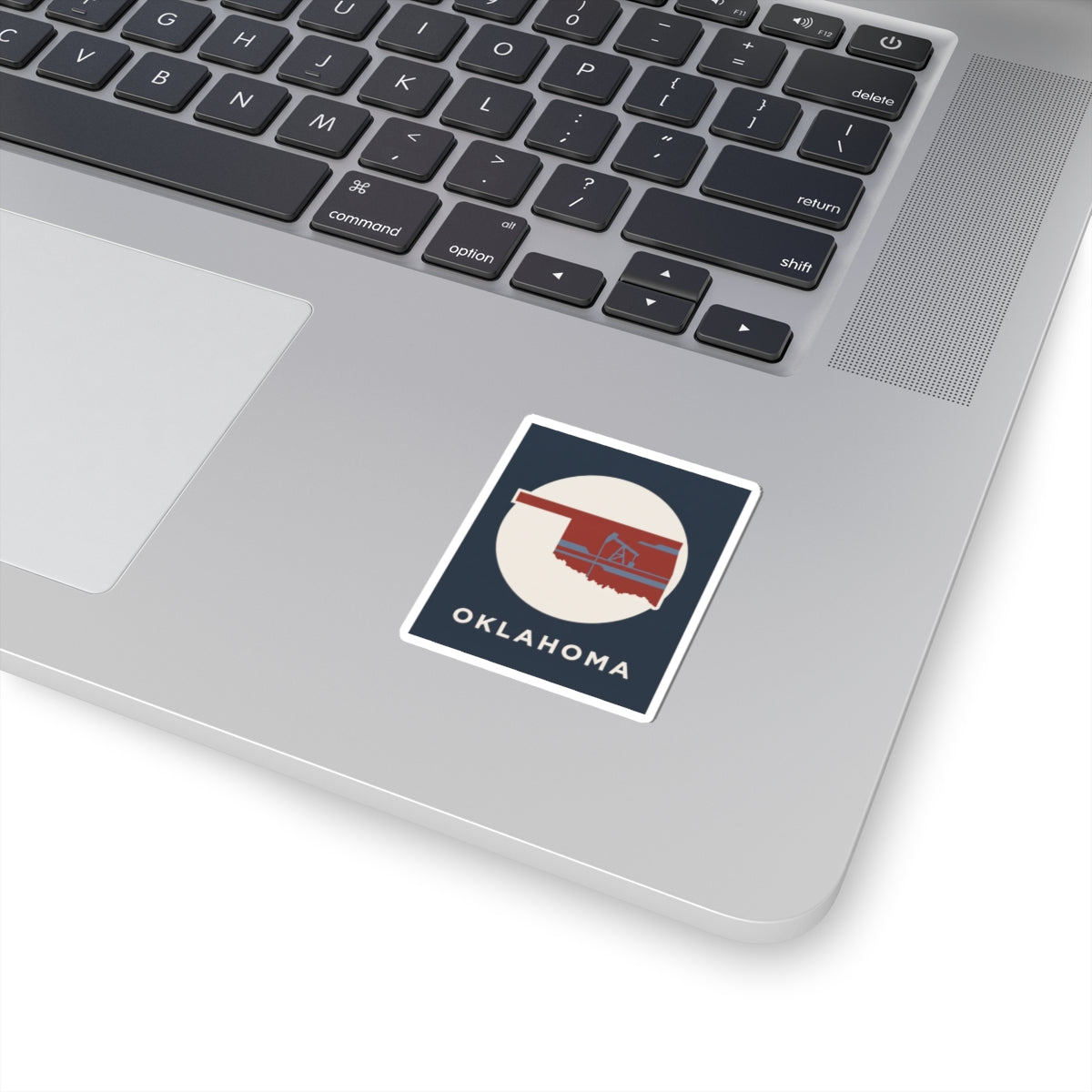Oklahoma state silhouette sticker with oil rig, square white border