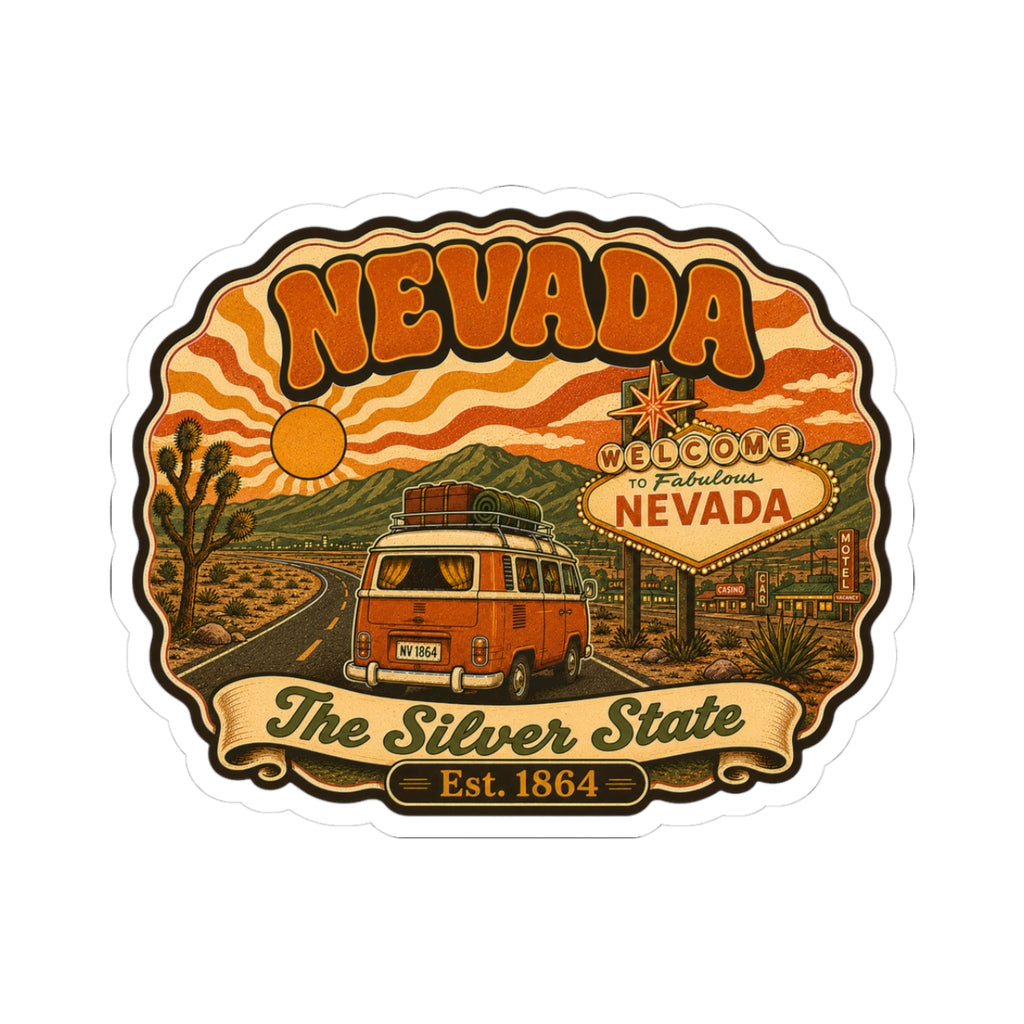 Nevada retro van kiss-cut sticker with orange sunset desert scene and text accents