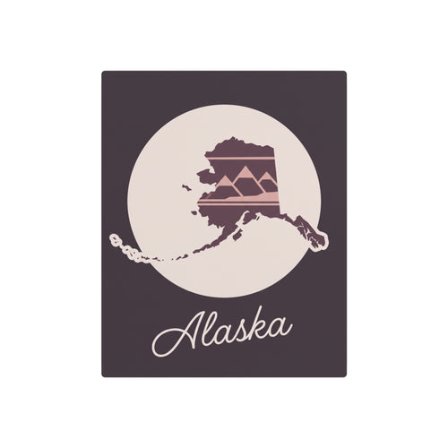 Mauve metal wall art square with Alaska silhouette in a circle and cursive “Alaska”