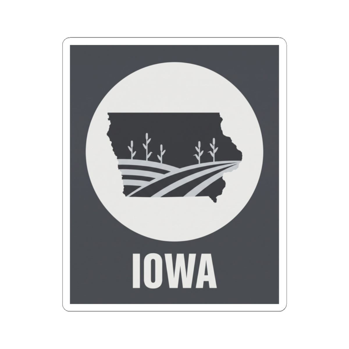 Iowa farmland graphic sticker: bold black design, white circle emblem, and “IOWA” at the bottom