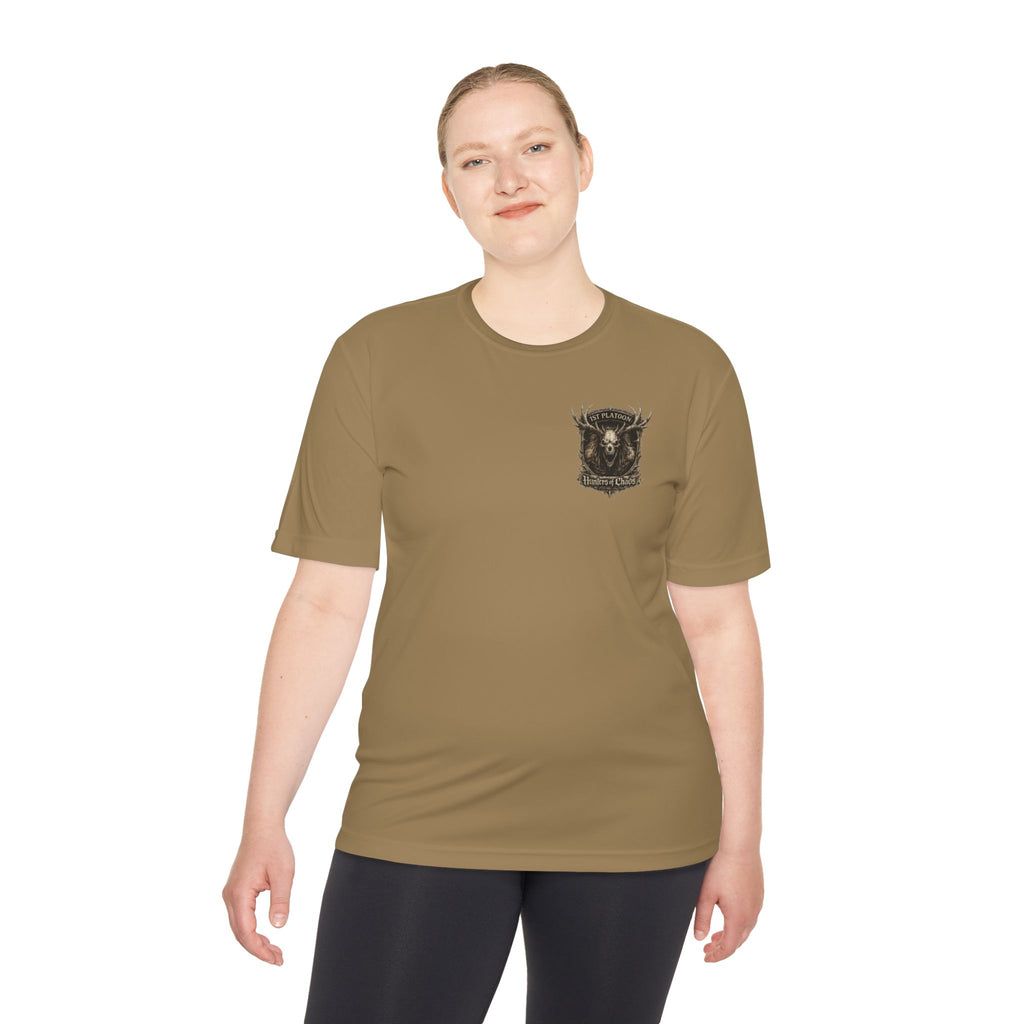 Coyote brown T-shirt with small chest deer emblem logo, worn by woman