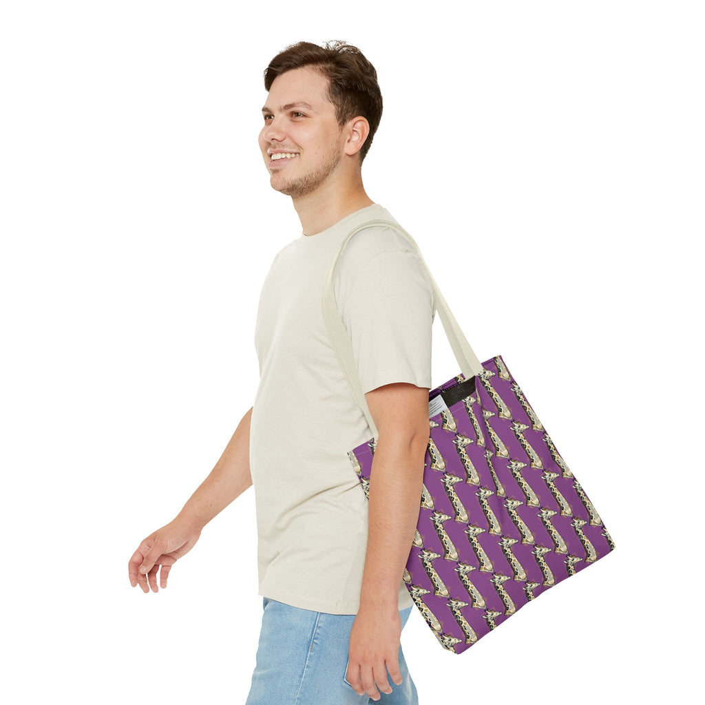 Purple saxophone-pattern tote bag with light strap, worn over shoulder