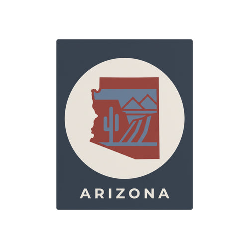 Arizona state cactus metal art sign, dark blue square with beige circle and red desert graphic