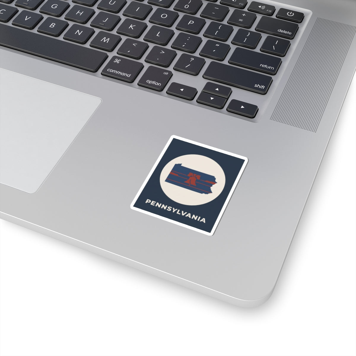 Pennsylvania state map sticker with liberty bell graphic, square kiss-cut design