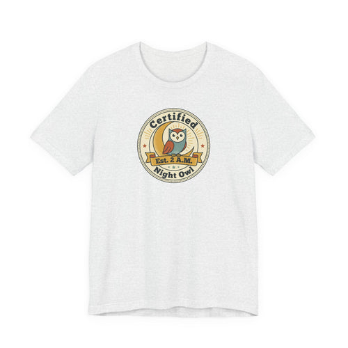 Heather gray T-shirt with certified night owl badge graphic on chest