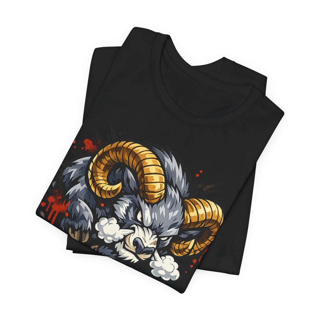 Charging Ram Illustration T-Shirt | Angry Horned Animal Graphic Tee, Wild Bighorn Art Unisex Gift