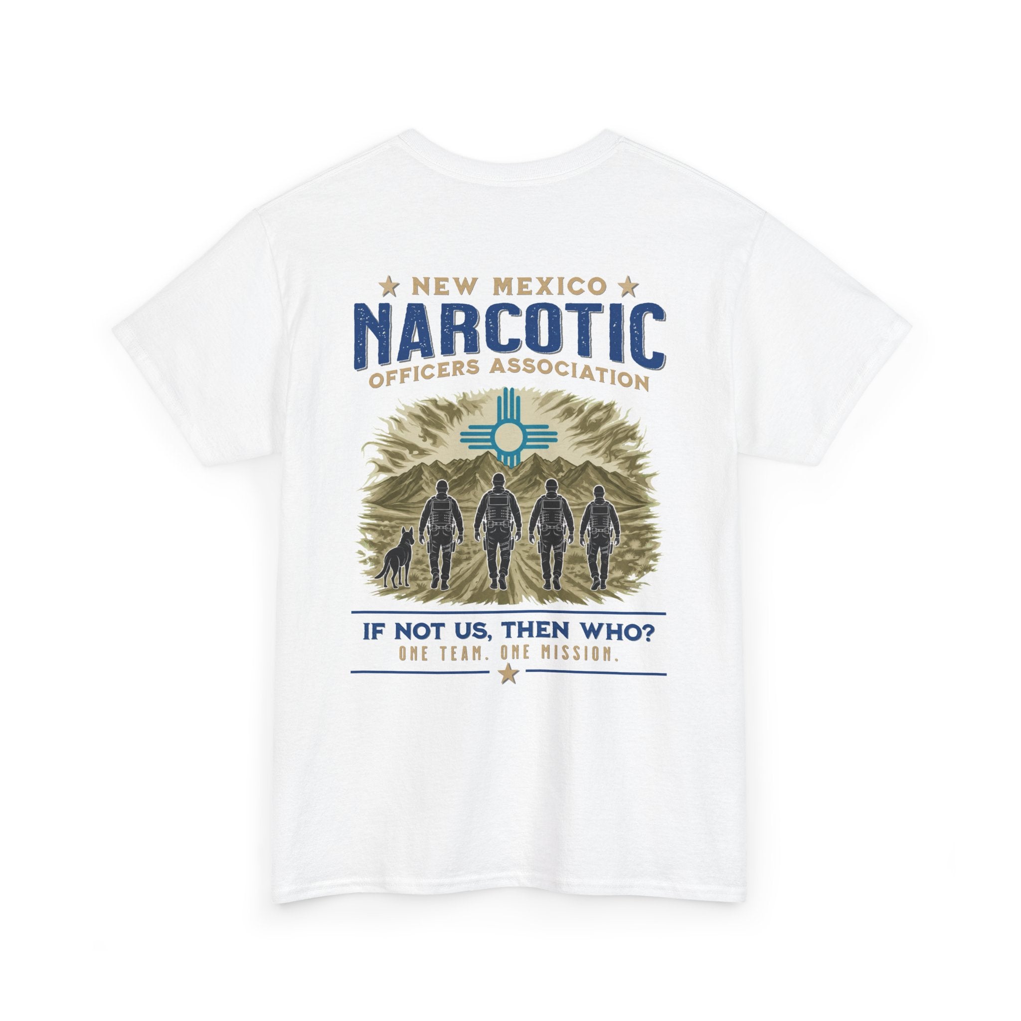 White crewneck t-shirt with large front badge graphic and text