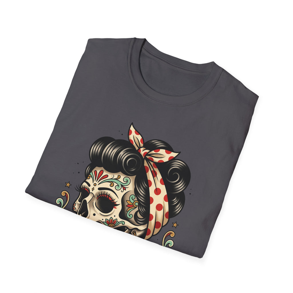 Charcoal T-shirt with sugar skull pinup tattoo graphic, bow and curled hair