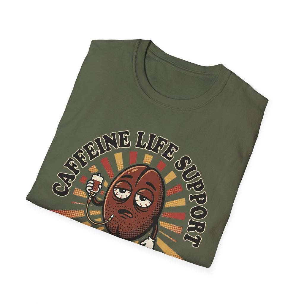 Caffeine Life Support T-shirt, military green with cartoon coffee bean and circular text