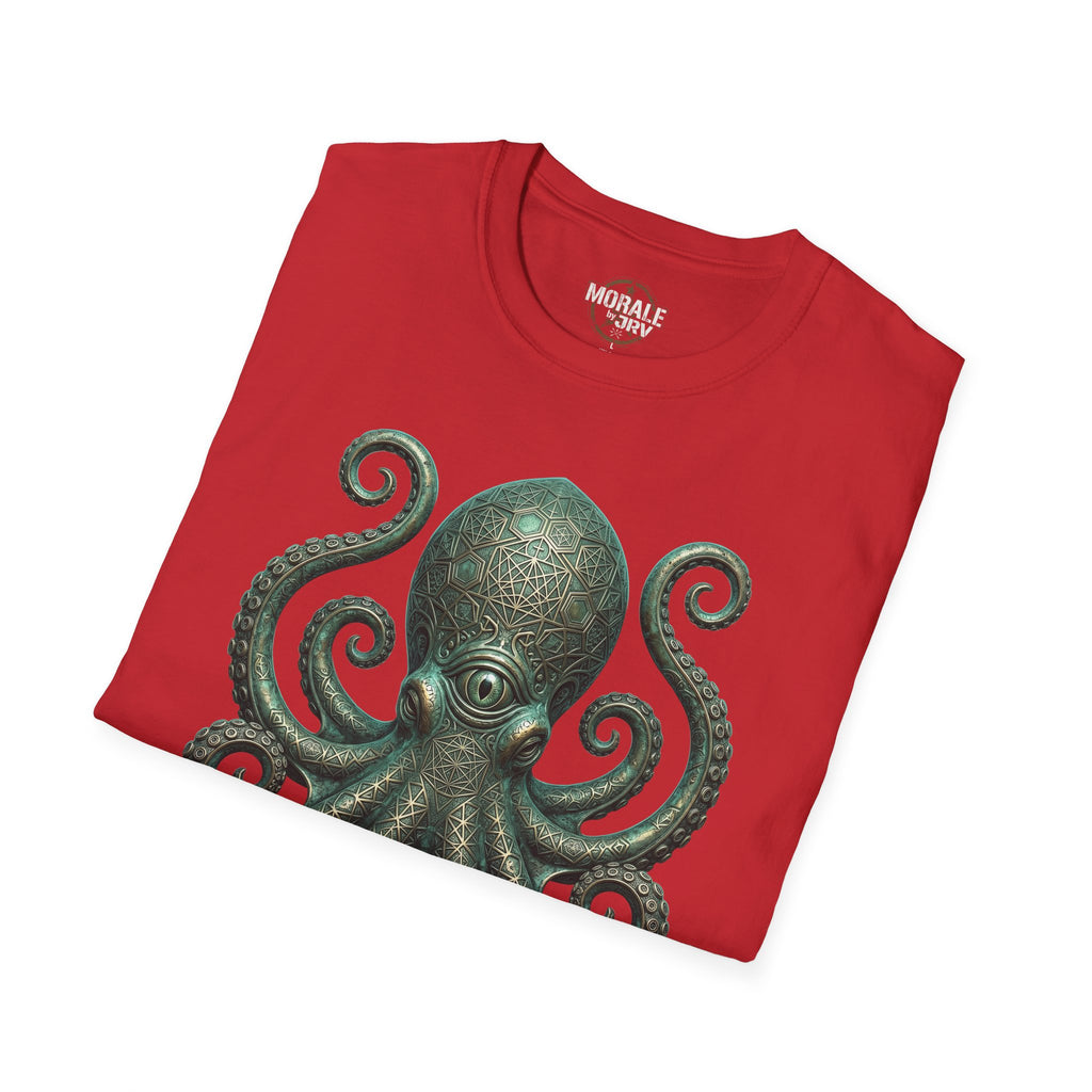 Red t-shirt featuring green octopus illustration across front