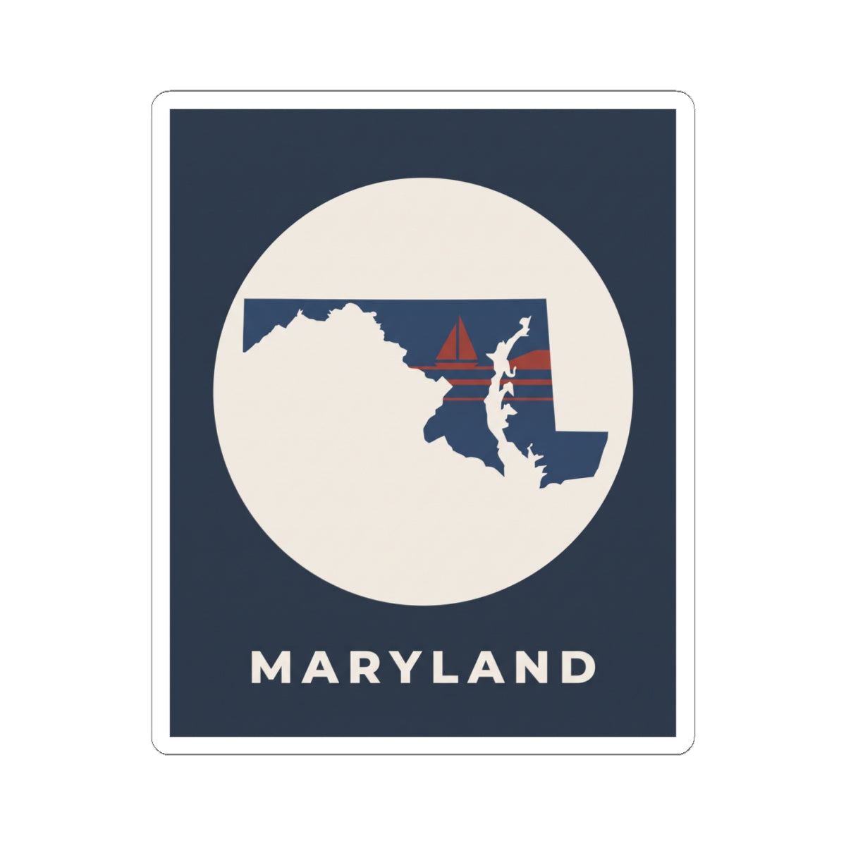 Maryland state map sticker showing state silhouette with sailboat, navy and red accents