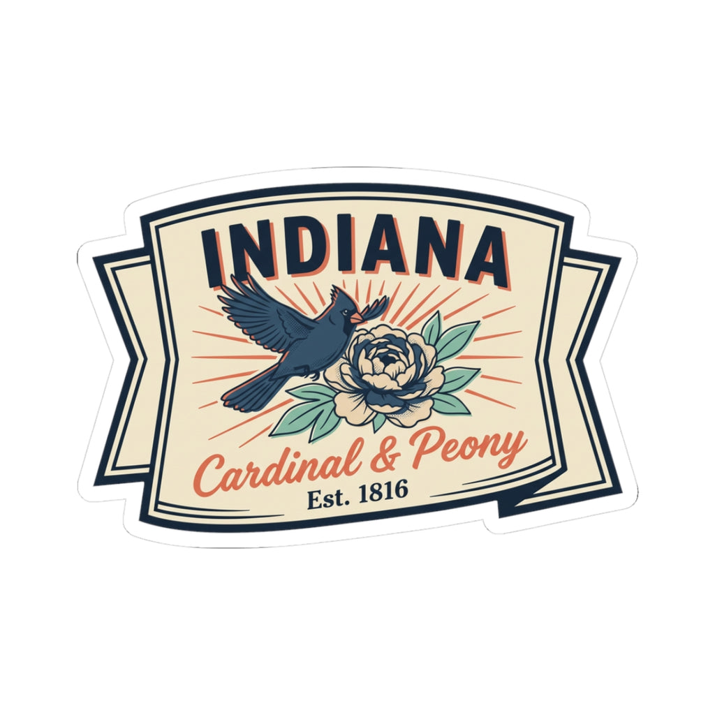Badge-style vinyl sticker with Indiana text, cardinal, and peony flowers on white backing.