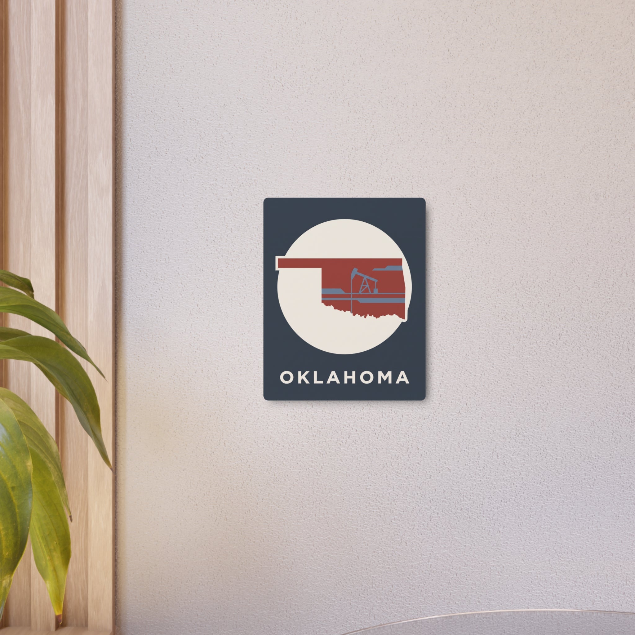 Small Oklahoma metal art sign with dark background, oil rig silhouette, and “OKLAHOMA”