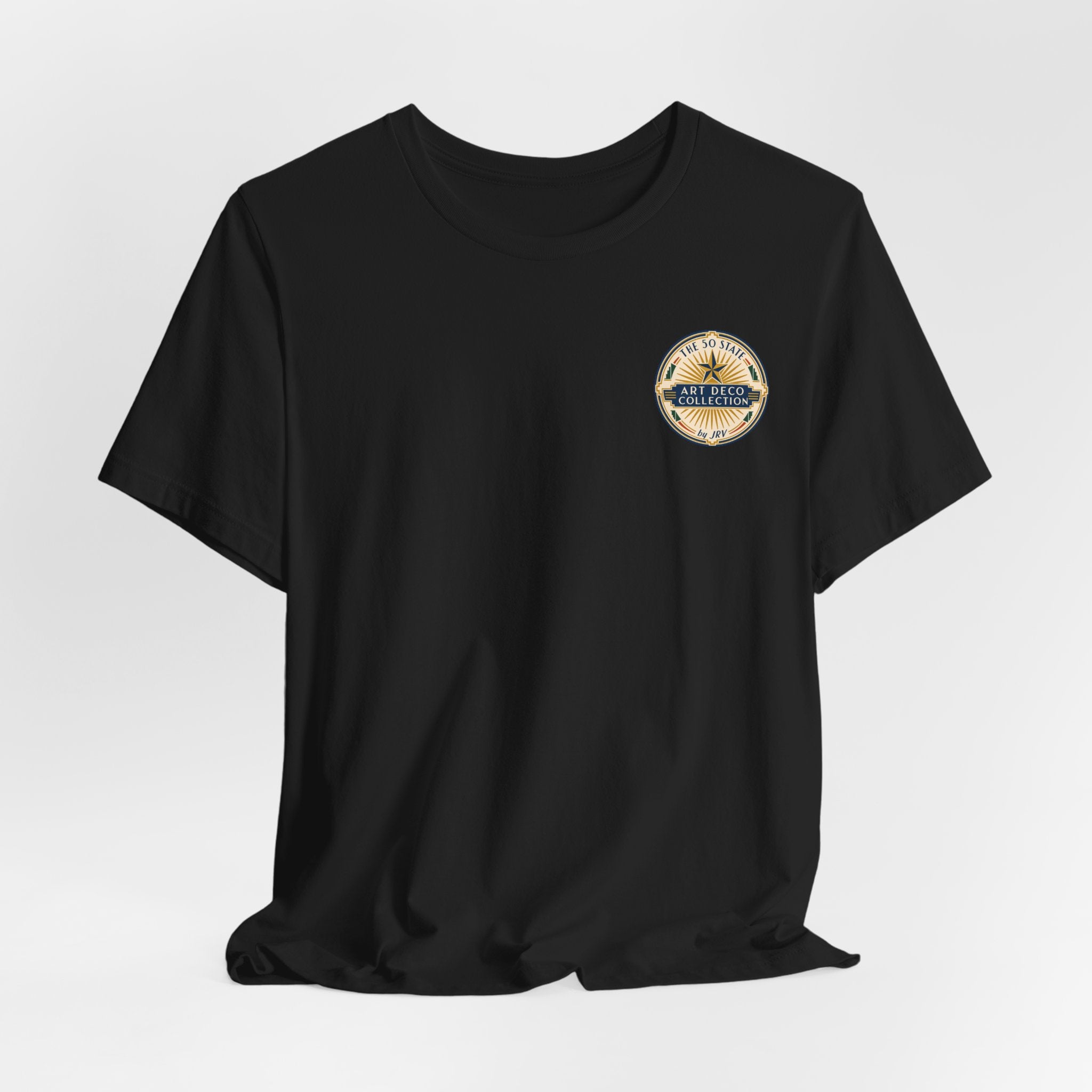 Black short-sleeve T-shirt with small round chest logo patch