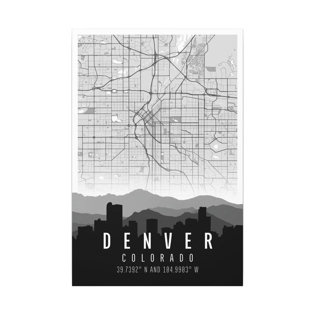 Denver skyline map canvas with city skyline silhouette, “DENVER” and “COLORADO” text.