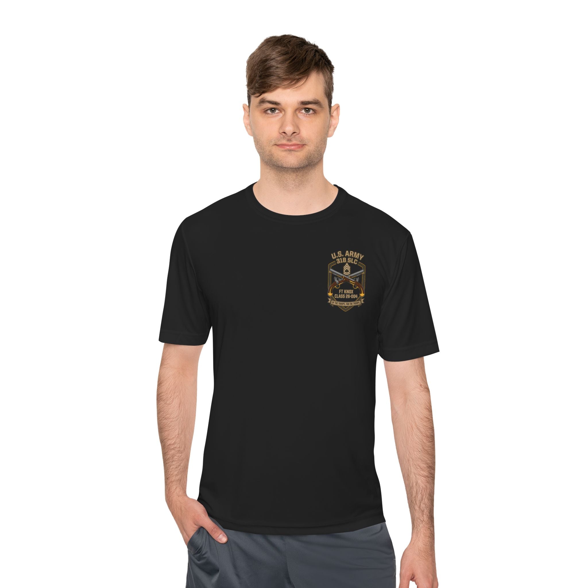 Men's black crewneck T-shirt with U.S. Army crest logo on chest